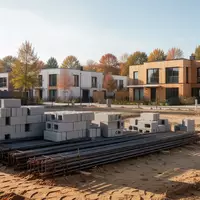 Eine Baustelle mit aufgestapelten Baumaterialien und Rohbauten in einem Wohngebiet an einem sonnigen Herbsttag. - Foto: über boerse-global.de