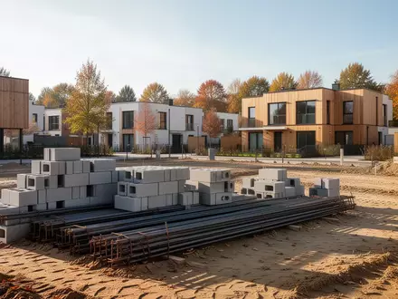 Eine Baustelle mit aufgestapelten Baumaterialien und Rohbauten in einem Wohngebiet an einem sonnigen Herbsttag. - Foto: über boerse-global.de