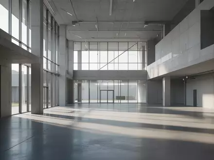 Ein minimalistisches, modernes Industriegebäude mit klaren geometrischen Linien und natürlichem Lichteinfall auf einem polierten Betonboden. - Foto: über boerse-global.de