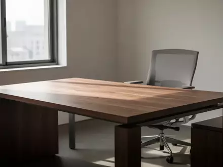 Ein heller, minimalistischer Arbeitsplatz mit einem leeren Schreibtisch und einem ergonomischen Bürostuhl in einem sonnendurchfluteten Raum. - Foto: über boerse-global.de