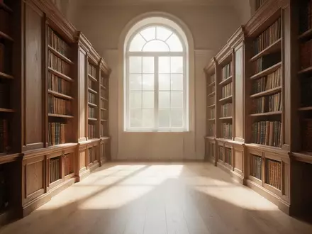 Eine ruhige, sonnendurchflutete Bibliothek mit hohen Holzregalen voller Bücher in einer friedlichen, leeren Atmosphäre. - Foto: über boerse-global.de