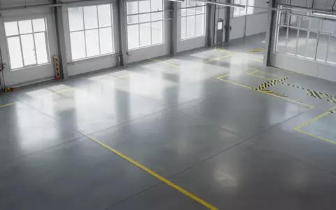 Leere, minimalistische Industriehalle mit poliertem Betonboden und Sicherheitsmarkierungen bei natürlichem Tageslicht. - Foto: über boerse-global.de