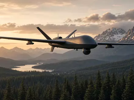 Eine moderne Drohne fliegt über eine bewaldete Berglandschaft bei Sonnenuntergang. - Foto: über boerse-global.de