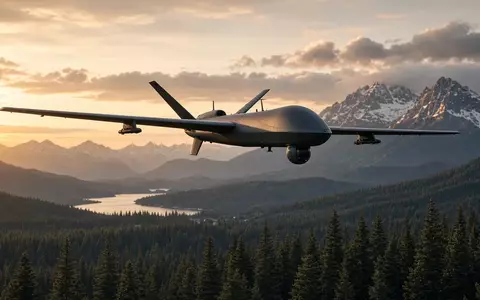 Eine moderne Drohne fliegt über eine bewaldete Berglandschaft bei Sonnenuntergang. - Foto: über boerse-global.de