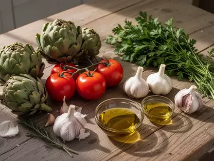 Frische mediterrane Zutaten wie Artischocken, Tomaten und Olivenöl auf einem rustikalen Holztisch. - Foto: über boerse-global.de