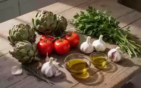 Frische mediterrane Zutaten wie Artischocken, Tomaten und Olivenöl auf einem rustikalen Holztisch. - Foto: über boerse-global.de