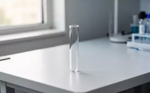 Ein leeres Reagenzglas auf einem sterilen Labortisch bei natürlichem Tageslicht. - Foto: über boerse-global.de
