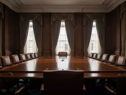 Ein leerer, prunkvoller Sitzungssaal in einem Regierungsgebäude in Washington D.C. mit dunklen Holzmöbeln und hohen Fenstern. - Foto: über boerse-global.de