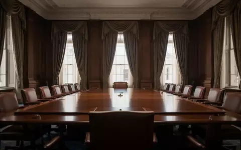 Ein leerer, prunkvoller Sitzungssaal in einem Regierungsgebäude in Washington D.C. mit dunklen Holzmöbeln und hohen Fenstern. - Foto: über boerse-global.de