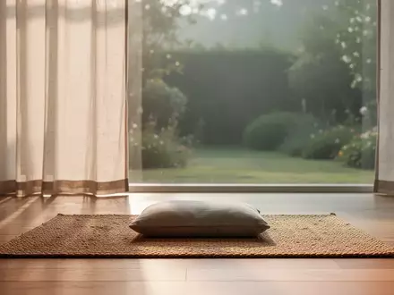 Ein ruhiger, minimalistischer Raum mit einem Meditationskissen auf einem Holzboden, durchflutet von sanftem Tageslicht. - Foto: über boerse-global.de
