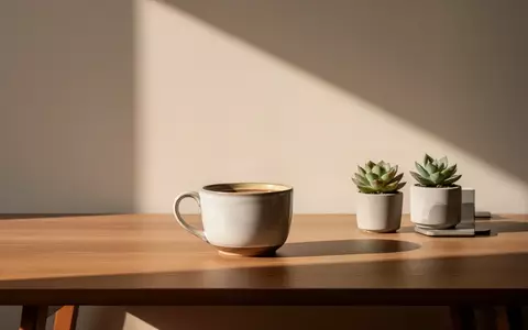 Ein minimalistischer Schreibtisch mit einer Kaffeetasse und einer kleinen Pflanze in natürlichem Licht. - Foto: über boerse-global.de