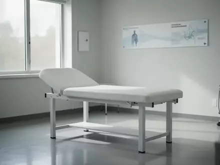 Ein leerer, heller Behandlungsraum in einer Klinik mit einer medizinischen Untersuchungsliege bei natürlichem Licht. - Foto: über boerse-global.de