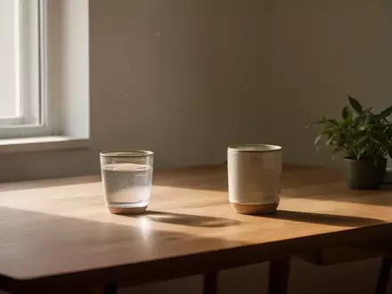 Ein minimalistischer, ruhiger Arbeitsplatz mit einem Glas Wasser und einer Pflanze bei natürlichem Licht. - Foto: über boerse-global.de