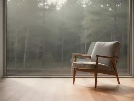 Ein heller, minimalistischer Raum mit einem leeren Stuhl vor einem Fenster, das auf einen ruhigen Wald blickt. - Foto: über boerse-global.de