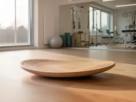 Ein helles, modernes Physiotherapiestudio mit einem hölzernen Balancebrett auf einem sauberen Eichenboden. - Foto: über boerse-global.de