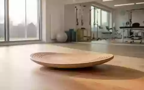 Ein helles, modernes Physiotherapiestudio mit einem hölzernen Balancebrett auf einem sauberen Eichenboden. - Foto: über boerse-global.de
