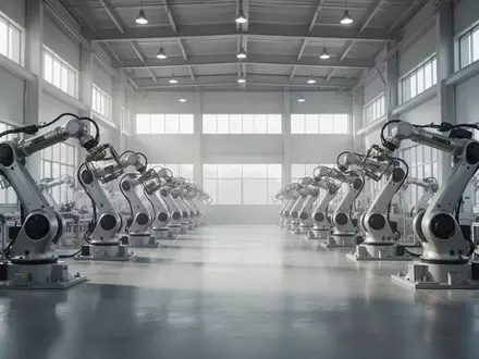 Eine moderne, leere Industriehalle mit automatisierten Roboterarmen in einer hellen, neutralen Umgebung. - Foto: über boerse-global.de