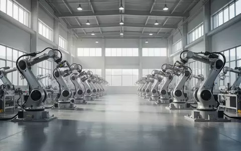 Eine moderne, leere Industriehalle mit automatisierten Roboterarmen in einer hellen, neutralen Umgebung. - Foto: über boerse-global.de