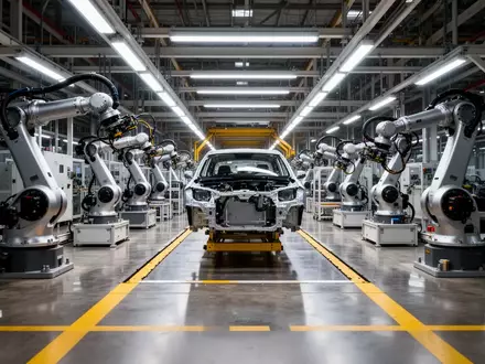 Eine moderne, hochtechnisierte Automobilfertigungslinie in einer Fabrikhalle mit Roboterarmen und Industriebeleuchtung. - Foto: über boerse-global.de