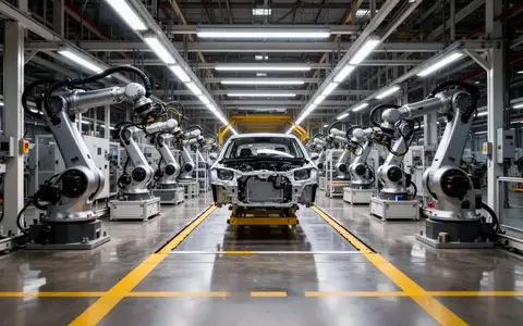 Eine moderne, hochtechnisierte Automobilfertigungslinie in einer Fabrikhalle mit Roboterarmen und Industriebeleuchtung. - Foto: über boerse-global.de
