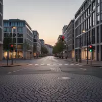 Eine menschenleere, ruhige Straßenkreuzung in einer deutschen Stadt bei Dämmerung mit Kopfsteinpflaster. - Foto: über boerse-global.de