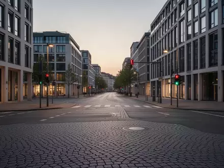 Eine menschenleere, ruhige StraĂenkreuzung in einer deutschen Stadt bei DĂ€mmerung mit Kopfsteinpflaster. - Foto: ĂŒber boerse-global.de