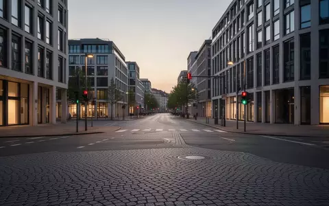 Eine menschenleere, ruhige Straßenkreuzung in einer deutschen Stadt bei Dämmerung mit Kopfsteinpflaster. - Foto: über boerse-global.de