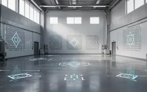 Ein minimalistisches, modernes Industrielabor mit geometrischen Markierungen zur Bewegungserfassung auf den Wänden. - Foto: über boerse-global.de