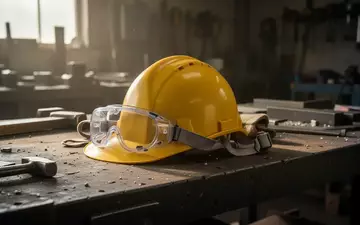 Symbolbild: Schutzhelm und Schutzbrille auf einer Werkbank - Foto: über boerse-global.de