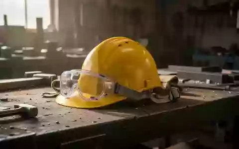 Symbolbild: Schutzhelm und Schutzbrille auf einer Werkbank - Foto: über boerse-global.de
