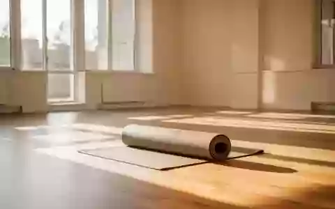 Ein heller, minimalistischer Yogaraum mit einer zusammengerollten Sportmatte auf einem Holzboden in natürlichem Sonnenlicht. - Foto: über boerse-global.de