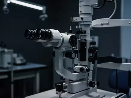 Ein hochauflösendes, professionelles Foto eines ophthalmologischen Spaltlampenmikroskops in einem dunklen Behandlungsraum. - Foto: über boerse-global.de