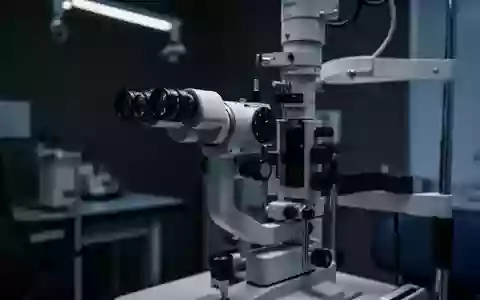 Ein hochauflösendes, professionelles Foto eines ophthalmologischen Spaltlampenmikroskops in einem dunklen Behandlungsraum. - Foto: über boerse-global.de