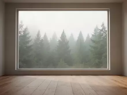 Ein minimalistischer, lichtdurchfluteter Raum mit Blick auf einen ruhigen Wald, der Entspannung und Ruhe symbolisiert. - Foto: über boerse-global.de