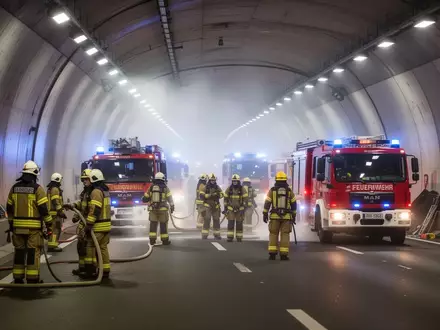 Einsatzkräfte bei einer großangelegten Übung in einem beleuchteten Straßentunnel. - Foto: über boerse-global.de