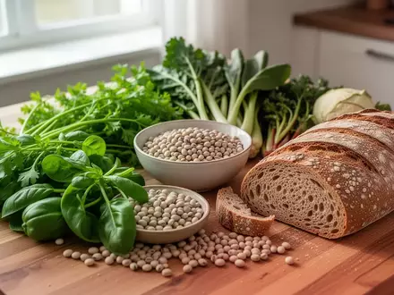 Ein hölzerner Küchentisch mit frischem, unverarbeitetem Gemüse, Hülsenfrüchten und Vollkornbrot bei natürlichem Tageslicht. - Foto: über boerse-global.de