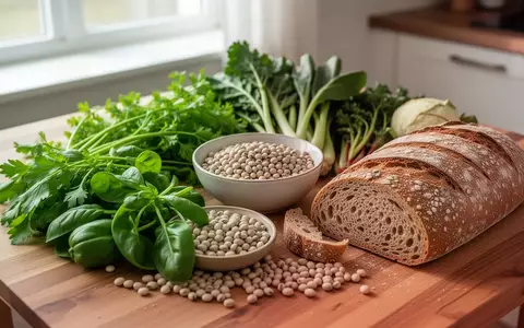 Ein hölzerner Küchentisch mit frischem, unverarbeitetem Gemüse, Hülsenfrüchten und Vollkornbrot bei natürlichem Tageslicht. - Foto: über boerse-global.de