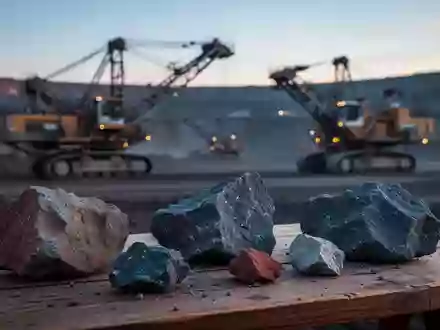 Nahaufnahme von Roherzproben auf einem Holztisch vor einer verschwommenen Bergbauanlage bei Sonnenaufgang. - Foto: über boerse-global.de