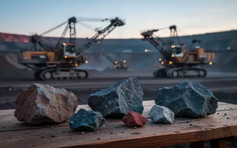 Nahaufnahme von Roherzproben auf einem Holztisch vor einer verschwommenen Bergbauanlage bei Sonnenaufgang. - Foto: über boerse-global.de