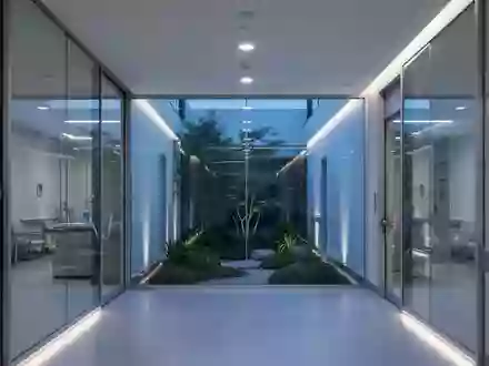 Ein moderner, minimalistisch gestalteter Krankenhausflur mit Glasfront und Blick auf einen begrünten Innenhof bei Dämmerung. - Foto: über boerse-global.de