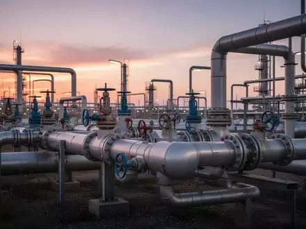 Industrielle Energieinfrastruktur mit Rohrleitungen und Ventilen in der Abenddämmerung. - Foto: über boerse-global.de
