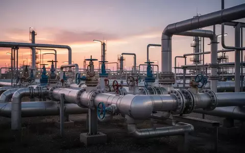 Industrielle Energieinfrastruktur mit Rohrleitungen und Ventilen in der AbenddĂ€mmerung. - Foto: ĂŒber boerse-global.de