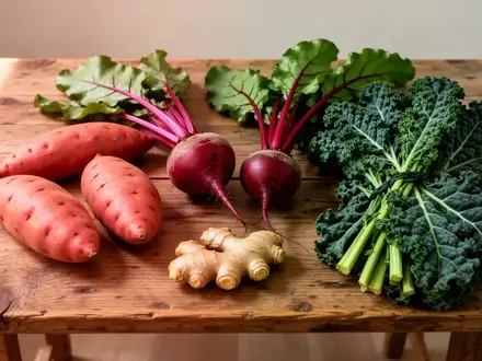 Frische Süßkartoffeln, Rote Bete, Ingwer und Grünkohl auf einem Holztisch, die eine gesunde Ernährung zur kognitiven Unterstützung symbolisieren. - Foto: über boerse-global.de