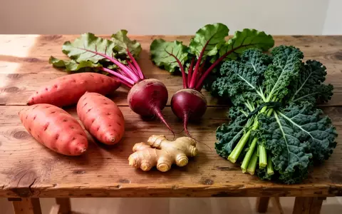 Frische Süßkartoffeln, Rote Bete, Ingwer und Grünkohl auf einem Holztisch, die eine gesunde Ernährung zur kognitiven Unterstützung symbolisieren. - Foto: über boerse-global.de