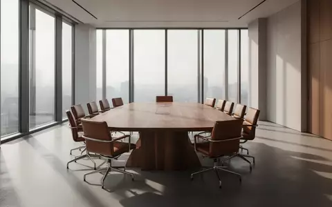 Ein leerer, modern eingerichteter Konferenzraum mit einem großen Holztisch und Stühlen vor einer Fensterfront. - Foto: über boerse-global.de