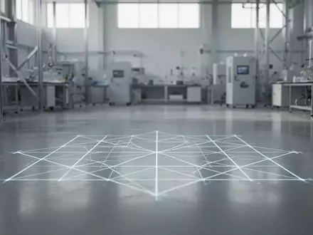 Ein minimalistisches Industrielabor mit einer auf den Boden projizierten geometrischen Kalibrierungsgitterstruktur. - Foto: über boerse-global.de