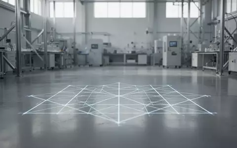 Ein minimalistisches Industrielabor mit einer auf den Boden projizierten geometrischen Kalibrierungsgitterstruktur. - Foto: über boerse-global.de