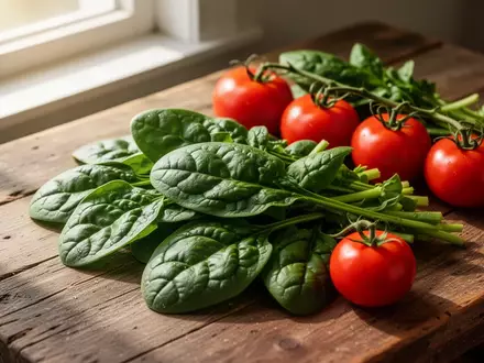 Frisches grünes Blattgemüse und Tomaten auf einem hölzernen Untergrund als Symbol für eine nährstoffreiche Ernährung. - Foto: über boerse-global.de