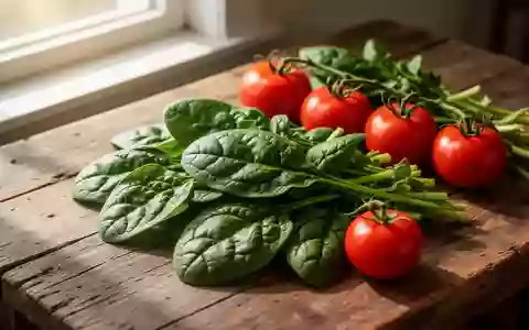 Frisches grünes Blattgemüse und Tomaten auf einem hölzernen Untergrund als Symbol für eine nährstoffreiche Ernährung. - Foto: über boerse-global.de