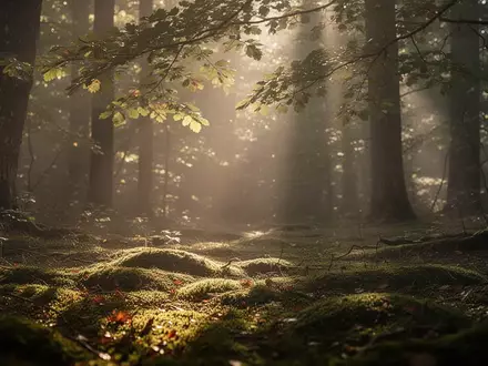 Sanftes Sonnenlicht, das durch ein Blätterdach auf einen moosbedeckten Waldboden fällt. - Foto: über boerse-global.de